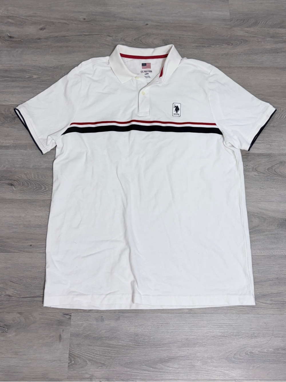 U.S. Polo Assn. White Polo with Red and Black Chest Stripes